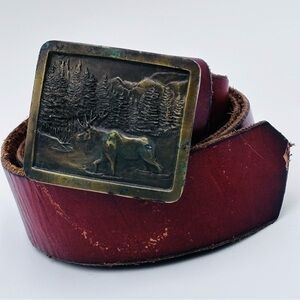 Indiana Metal Craft Moose In The Woods Brass Belt Buckle “76 W. 40” Leather Belt